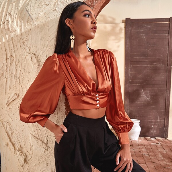 

Button Front Plicated Crop Blouse, Burnt orange