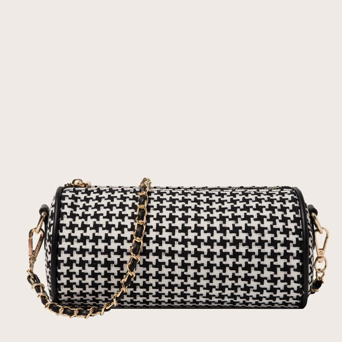 

Houndstooth Cylindrical Crossbody Bag, Black
