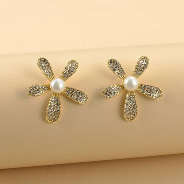 

Faux Pearl Flower Stud Earrings, Gold