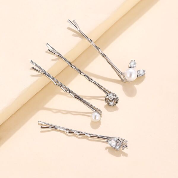 

4pcs Faux Pearl & Rhinestone Decor Bobby Pin, Silver