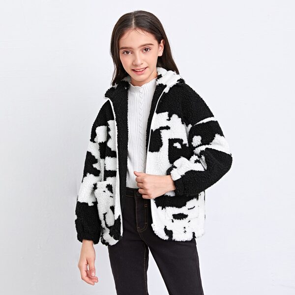 

Girls Zip Up Pocket Front Two Tone Teddy Jacket, Black and white