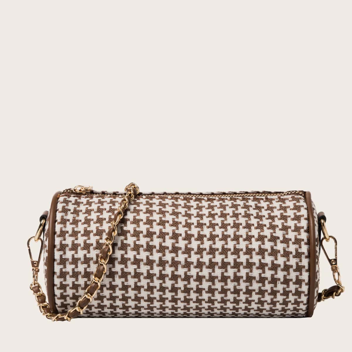 

Houndstooth Cylindrical Crossbody Bag, Brown
