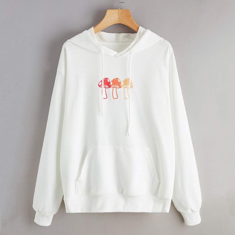 

Kangaroo Pocket Mushroom Graphic Hoodie, White