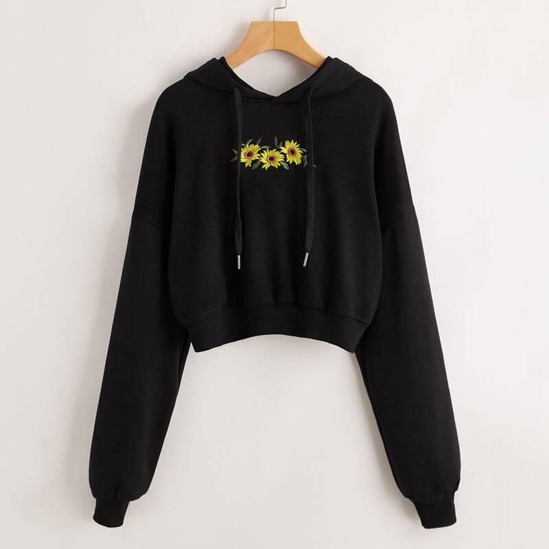 

Sunflower Embroidery Hoodie, Black