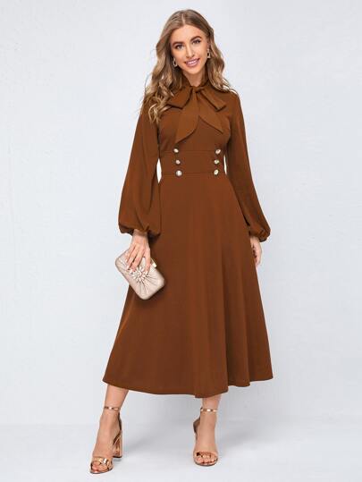 SHEIN Belle Tie Neck Double Button Detail Lantern Sleeve Dress