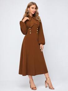 SHEIN Belle 繫帶領雙紐扣細節燈籠袖連衣裙 - 棕色 - 查看 5