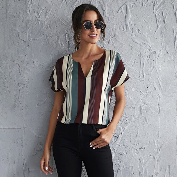 

Notch Neck Dolman Sleeve Striped Top, Multicolor