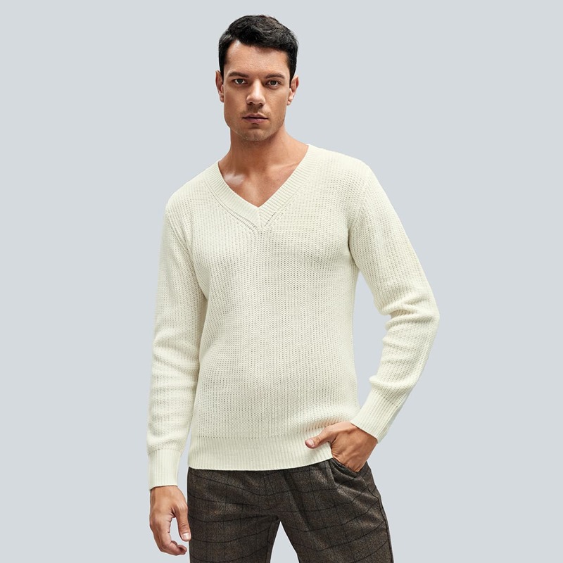 

Guys V-neck Solid Sweater, Beige