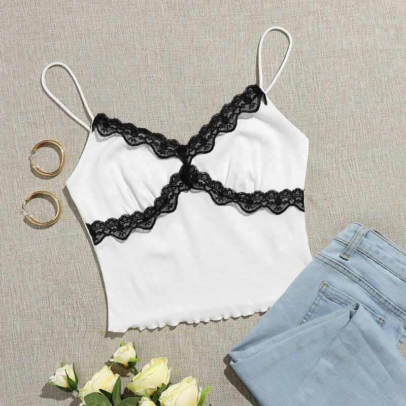 

Lace Trim Lettuce Edge Cami Top, White