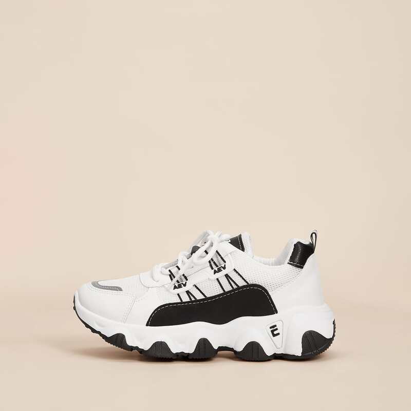 

Colorblock Lace-up Chunky Trainers, Black and white