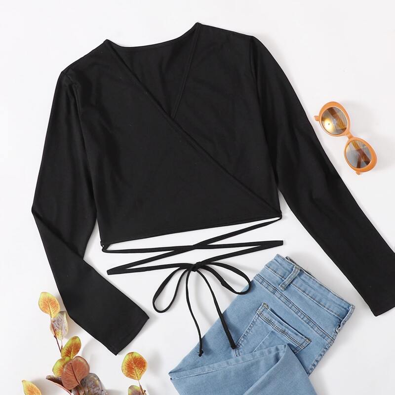 

Self Tie Wrap Crop Top, Black