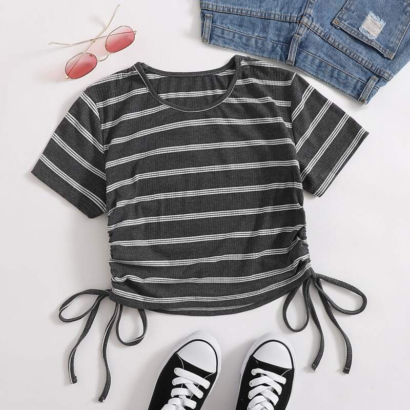 

Side Drawstring Striped Tee, Grey