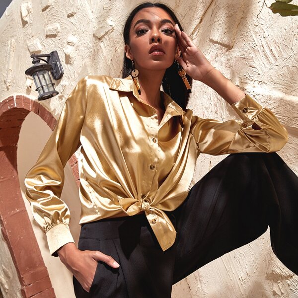 

Button Front Curved Hem Satin Blouse, Gold