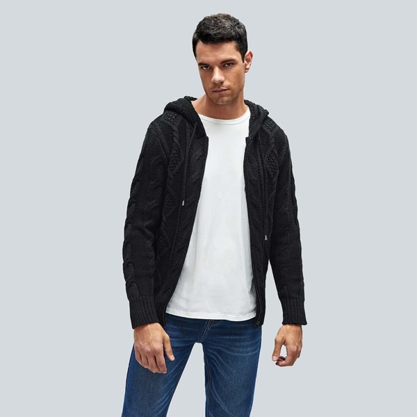 

Men Zip Up Cable Knit Hooded Cardigan, Black