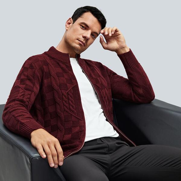 

Men Zip Up Cable Knit Cardigan, Maroon