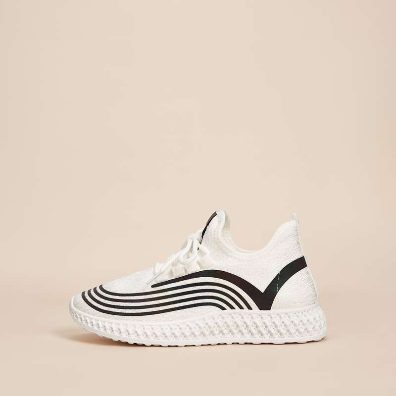 

Striped Lace-up Wide Fit Sneakers, White