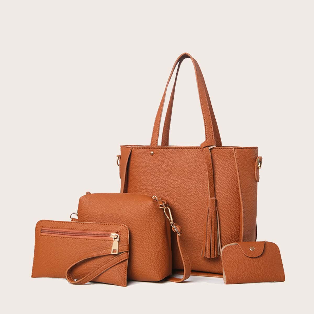 

4pcs Tassel Decor Tote Bag Set, Brown