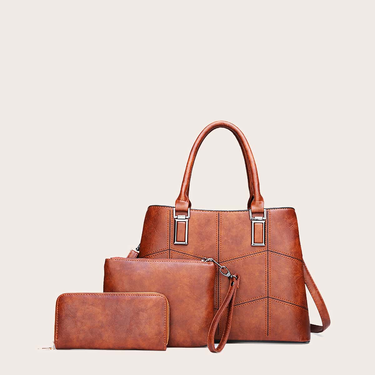 

3pcs Stitch Detail Satchel Bag Set, Brown
