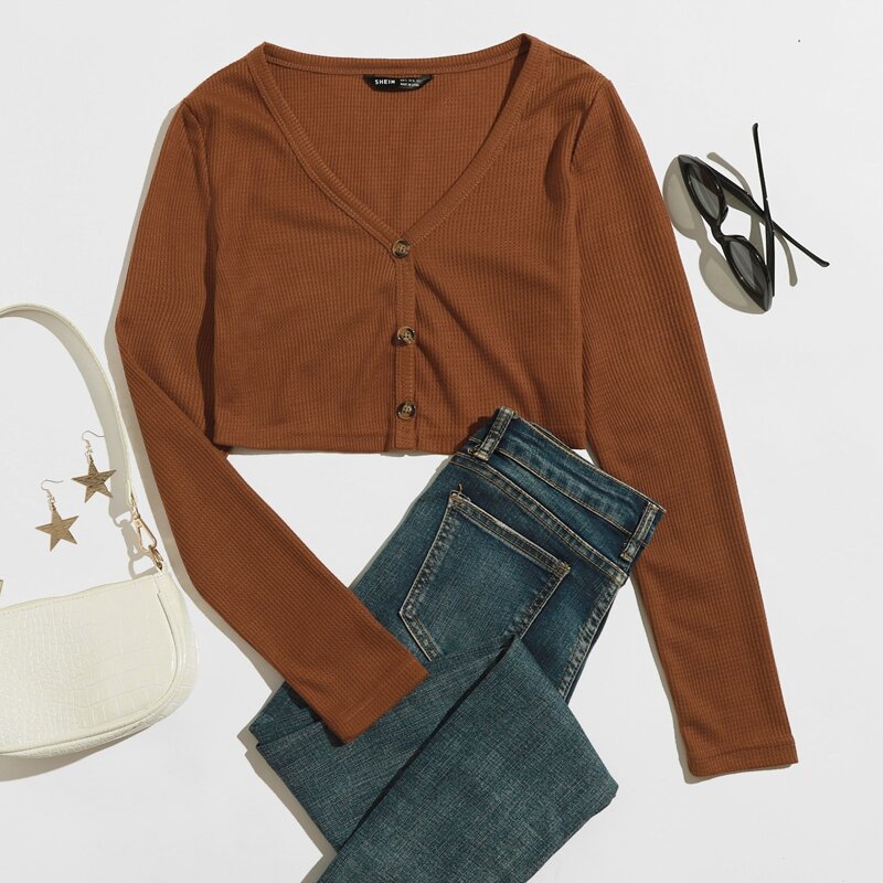 

Button Front Waffle Knit Crop Tee, Rust brown