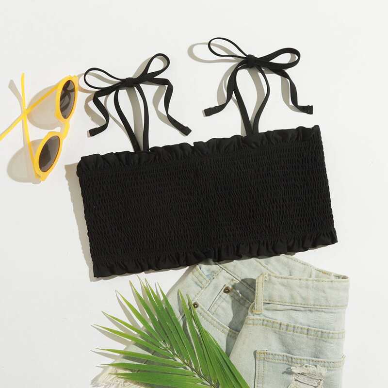 

Tie Shoulder Smocked Bikini Top, Black