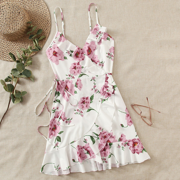 

Ruffle Trim Wrap Tie Side Floral Slip Dress, White