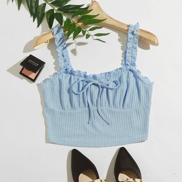 

Frilled Strap Knot Front Ruched Bust Crop Top, Pastel baby blue