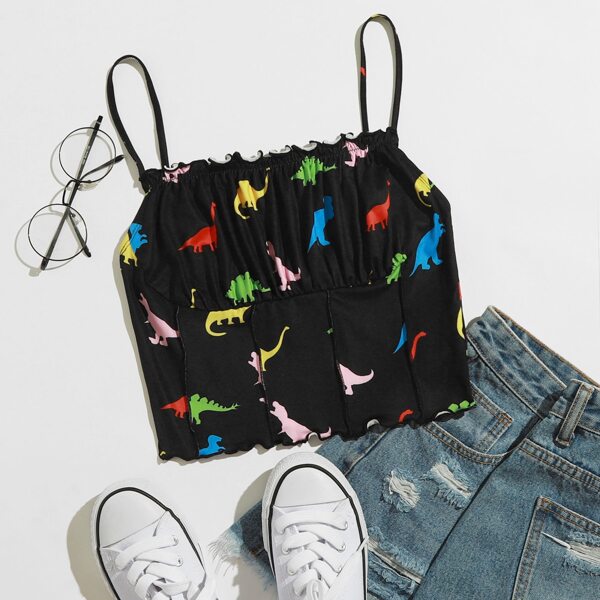 

Ruched Bust Seam Front Dinosaur Print Cami Top, Black
