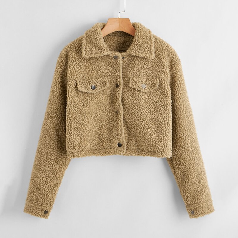 

Button Front Crop Teddy Jacket, Khaki