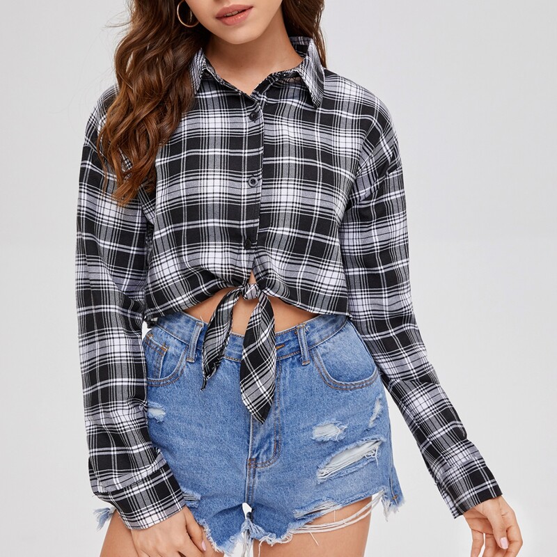 

Plaid Knot Front Crop Shirt, Multicolor