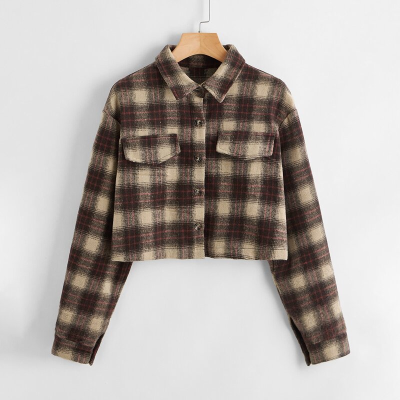 

Plaid Button Front Crop Jacket, Multicolor