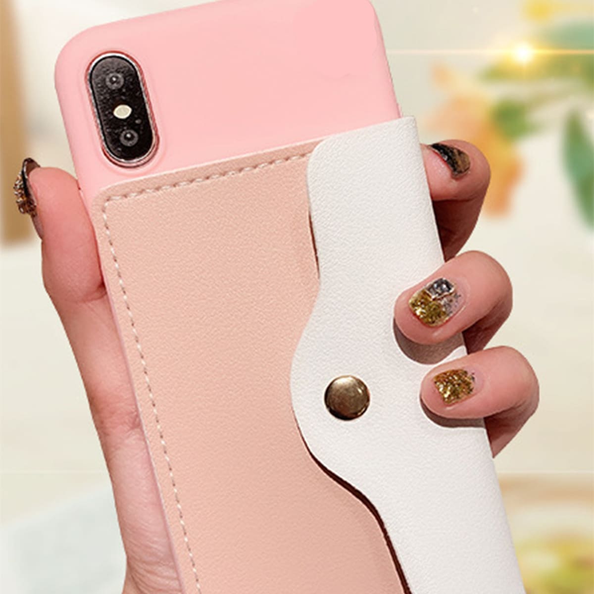 

1pc Ring Decor Wallet iPhone Case, Pink