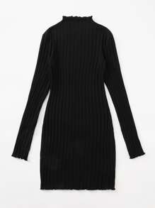 SHEIN Essnce Mock-Neck Lettuce Trim Rib-knit Dress - Black - View 3