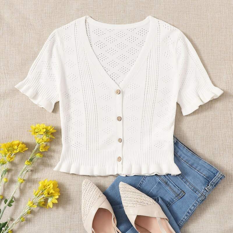 

Buttoned Front Ruffle Trim Pointelle Knit Top, Beige