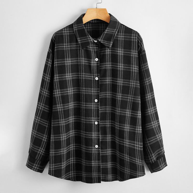 

Plaid Button Front Blouse, Black