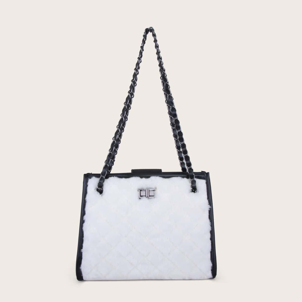 

Quilted Turn-Lock Shoulder Bag, Black and white