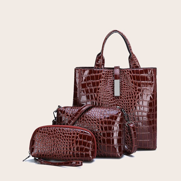 

3pcs Croc Embossed Satchel Bag Set, Burgundy