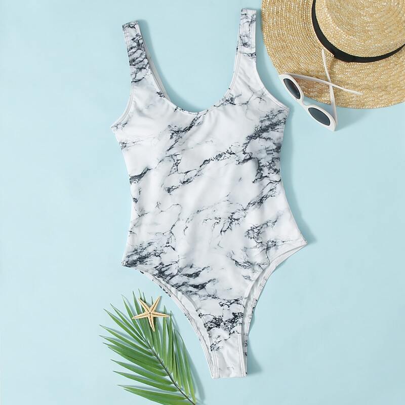 

Marble Pattern Tank One Piece Swimsuit, White