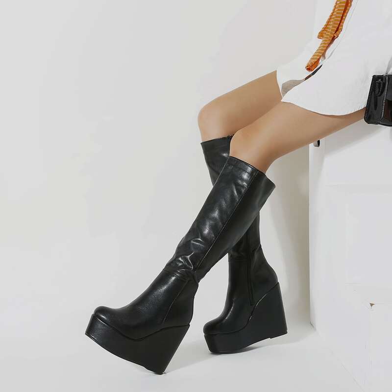 

Minimalist Wedge Knee Boots, Black