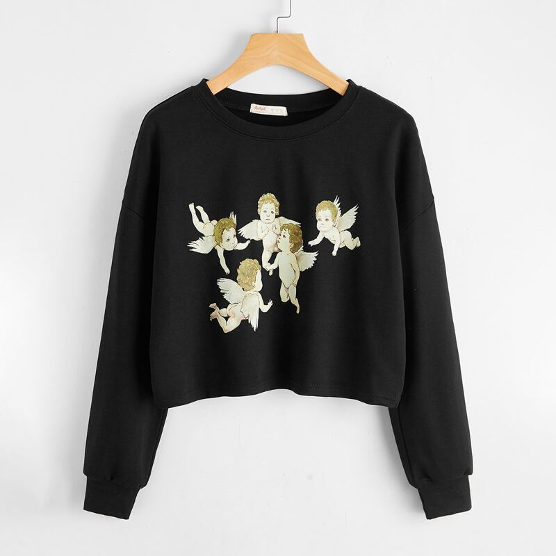 

Angel Graphic Crop Sweatshirt, Black