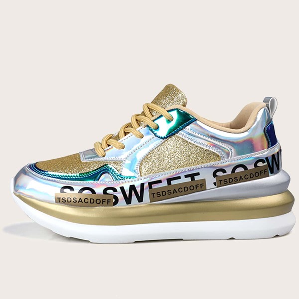 

Glitter Decor Lace-up Front Sneakers, Gold