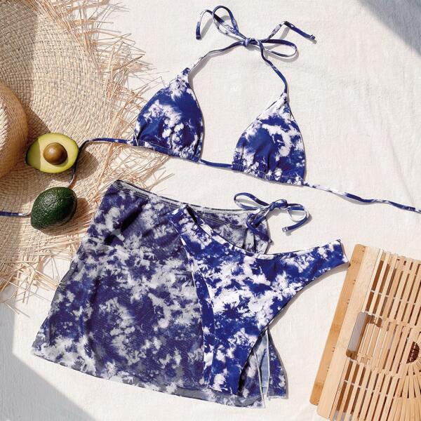 

3pack Tie Dye Triangle Bikini Swimsuit & Beach Skirt, Blue and white