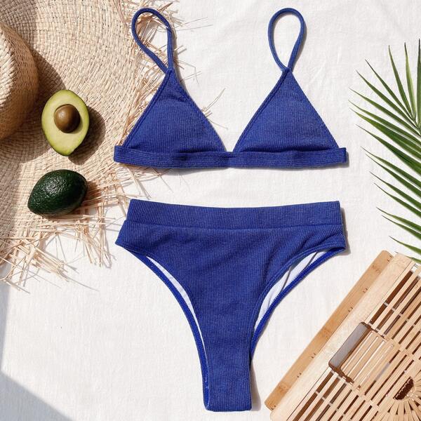 

Rib Triangle High Waisted Bikini Swimsuit, Royal blue