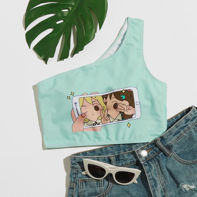 

Figure Print One Shoulder Bikini Top, Mint green