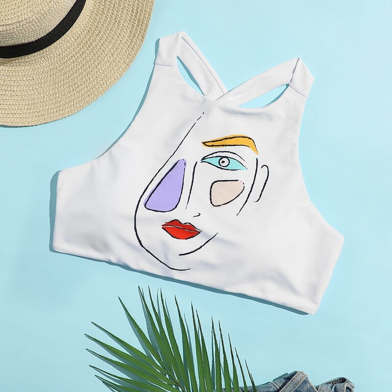 

Figure Print Crisscross Bikini Top, White