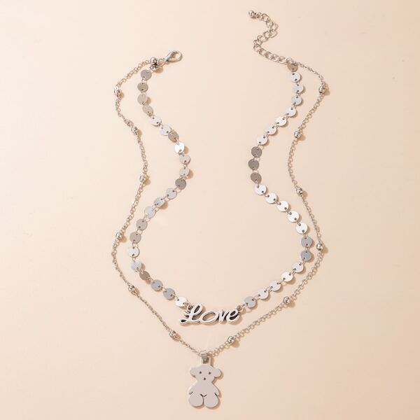 

Bear & Letter Decor Layered Necklace, Silver