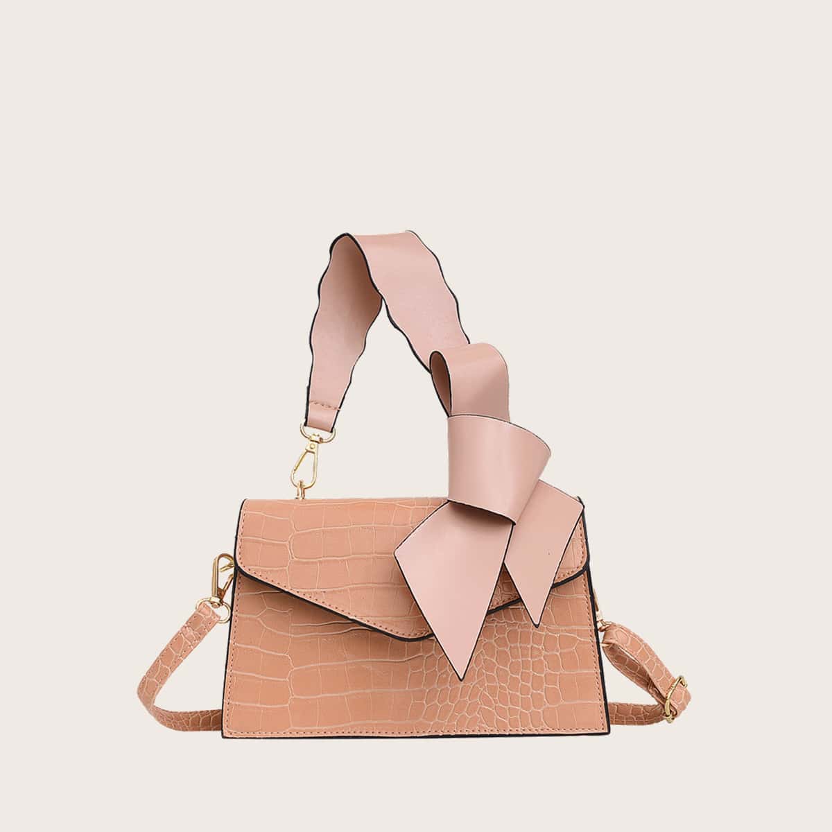 

Croc Embossed Knot Satchel Bag, Pastel coral orange