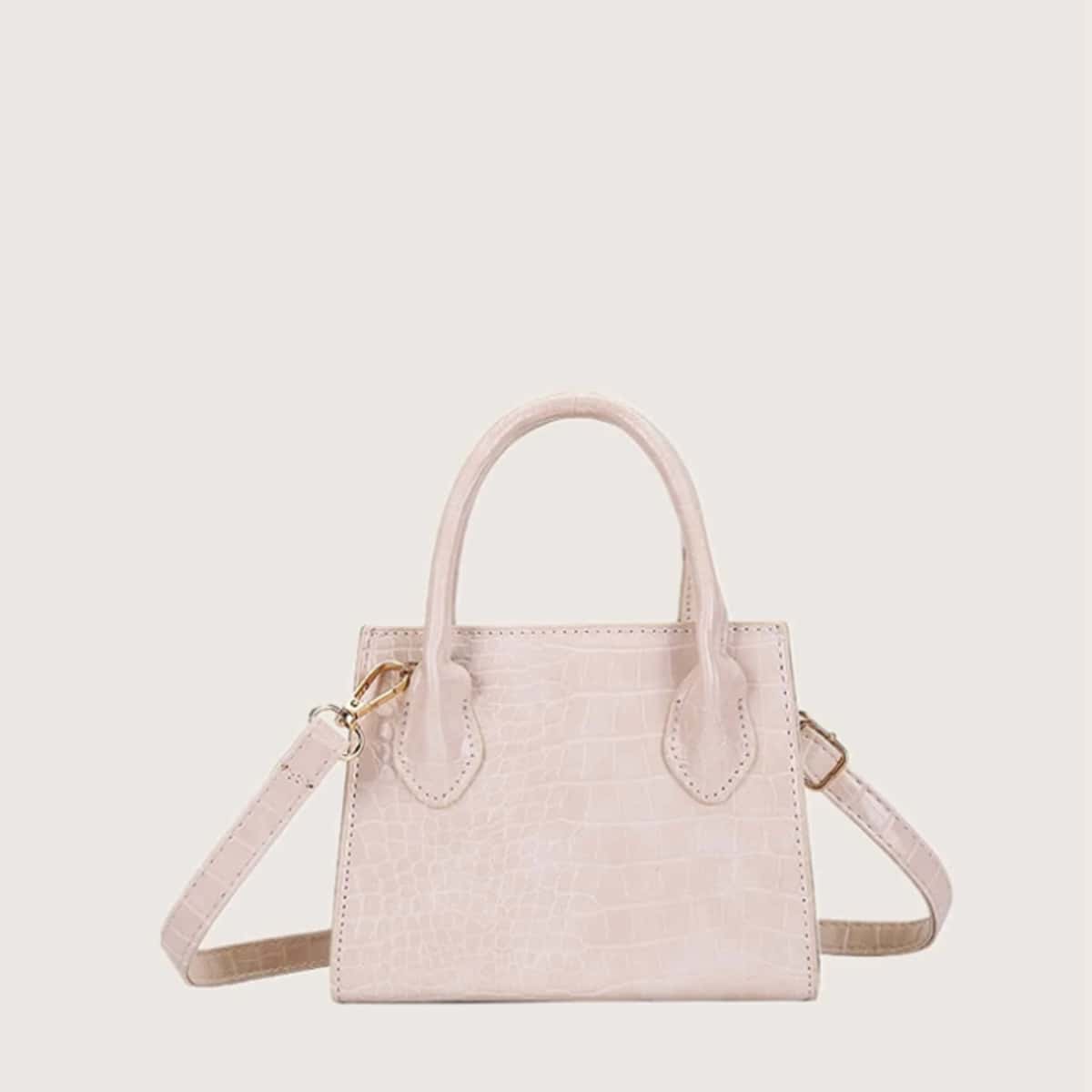

Croc Embossed Satchel Bag, Beige