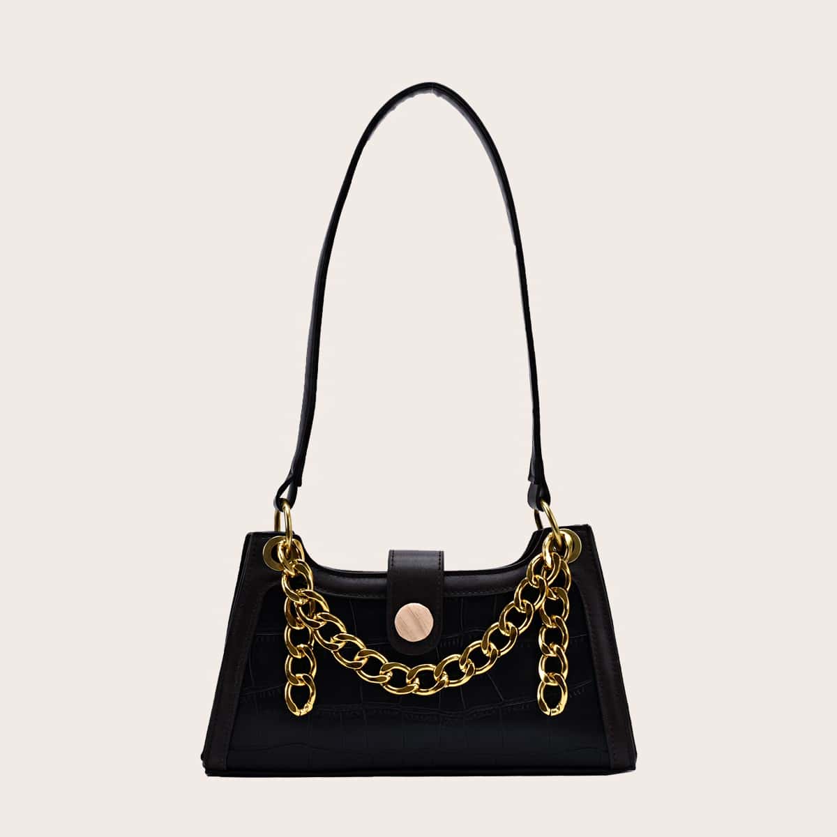 

Chain Decor Croc Embossed Baguette Bag, Black