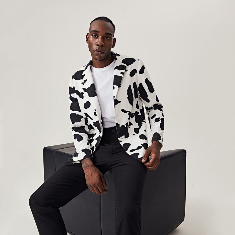

Guys Patch Pocket Cow Print Blazer, Black and white