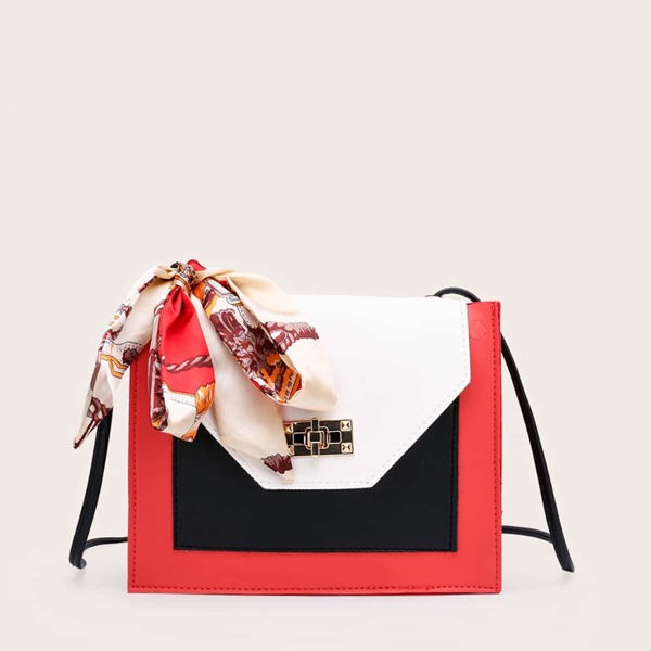 

Twilly Scarf Decor Colorblock Crossbody Bag, White
